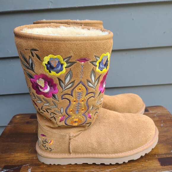 UGG Juliette Floral Embroidered Brown Suede Tall Boot size 6 - Picture 6 of 13
